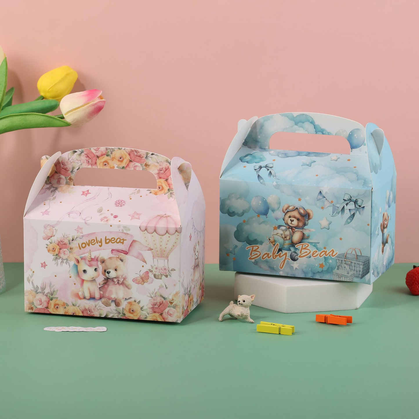 Jungle Party Hexagon Gift Box – Bear & Unicorn Design Candy Favor Bag with Handle