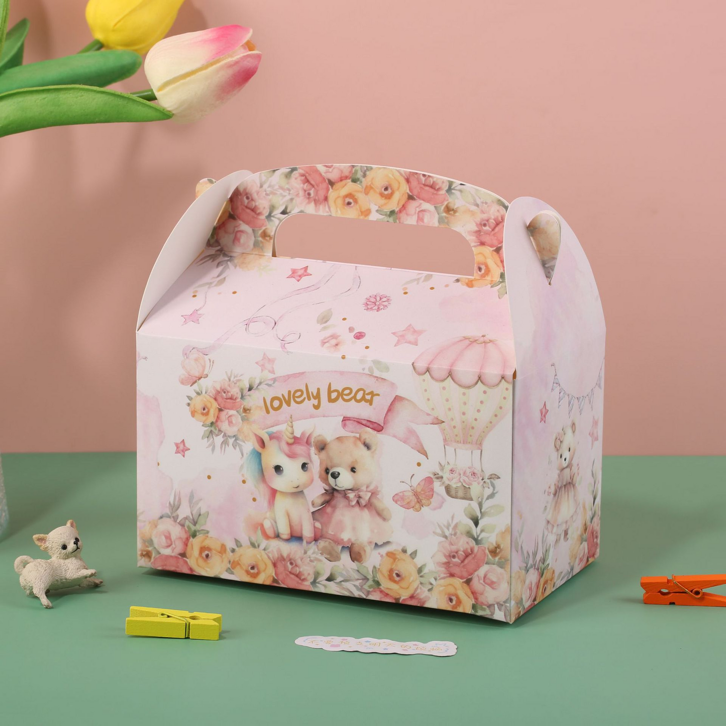 Jungle Party Hexagon Gift Box – Bear & Unicorn Design Candy Favor Bag with Handle