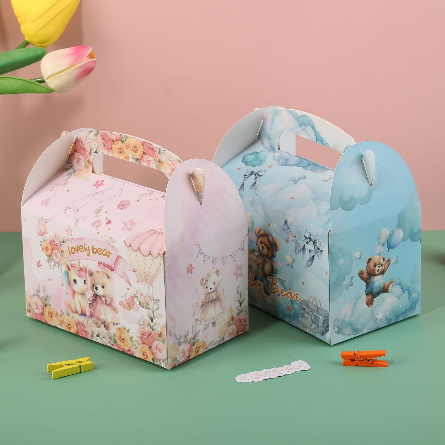 Jungle Party Hexagon Gift Box – Bear & Unicorn Design Candy Favor Bag with Handle