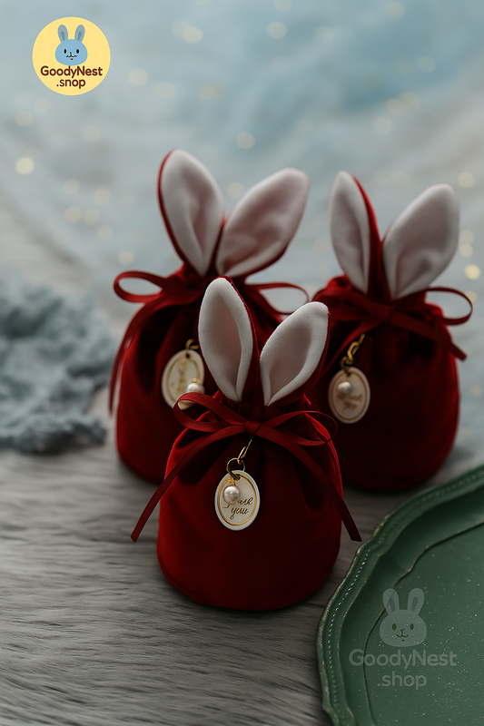 Goodybag – Velvet Bunny Ear Gift Bag with Pearl Charm, Wedding or Party Favor Pouch(Empty)